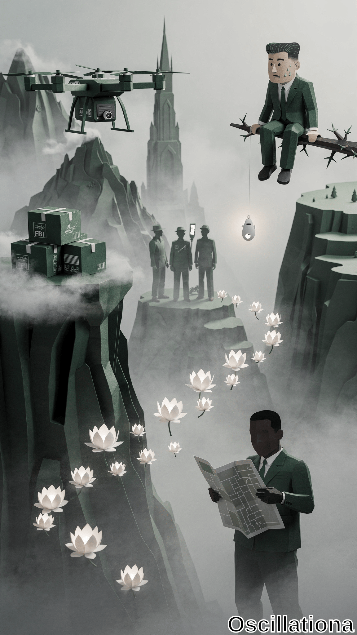 Surreal low-poly 3D papercraft in misty emerald cliffs: hovering green DJI drone spies gothic spire; sweating Kim Jong-un dangles from thorny branch; teetering FBI crates; shadowy spies with