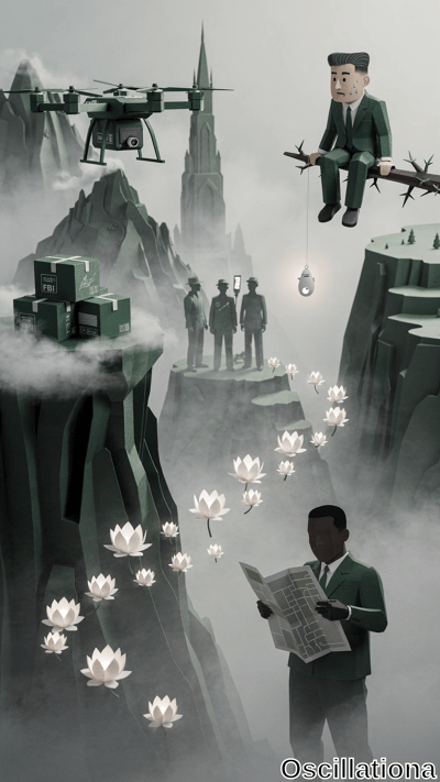 Surreal low-poly 3D papercraft in misty emerald cliffs: hovering green DJI drone spies gothic spire; sweating Kim Jong-un dangles from thorny branch; teetering FBI crates; shadowy spies with