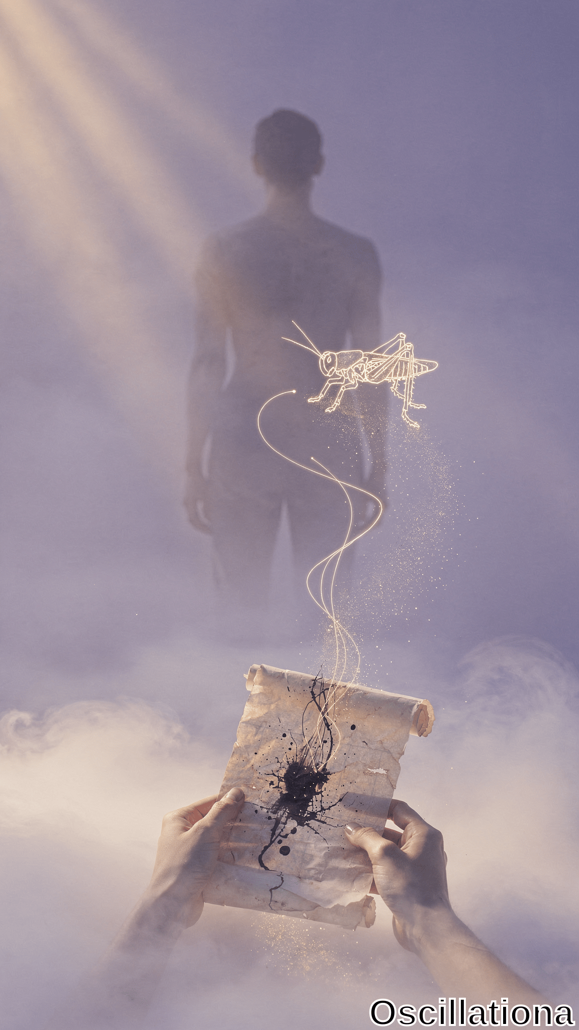 Hands grasp a torn parchment with black ink splatters as a glowing line-art grasshopper ascends toward a misty human silhouette. Soft purple haze and golden light beams create a surreal, dreamlike mood.