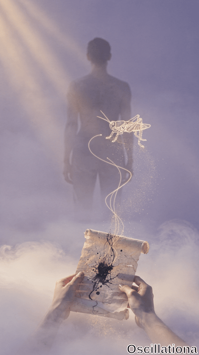 Hands grasp a torn parchment with black ink splatters as a glowing line-art grasshopper ascends toward a misty human silhouette. Soft purple haze and golden light beams create a surreal, dreamlike mood.