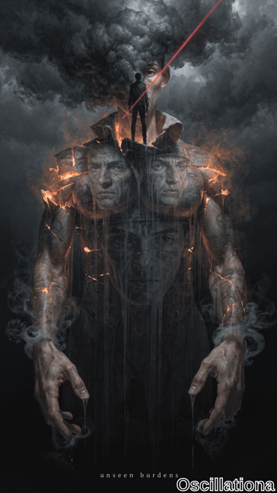 A towering figure of overlapping tormented faces looms under dark storm clouds, topped by a small man firing a red beam from his eye, with orange fiery cracks and dripping hands creating an ominous atmosphere.