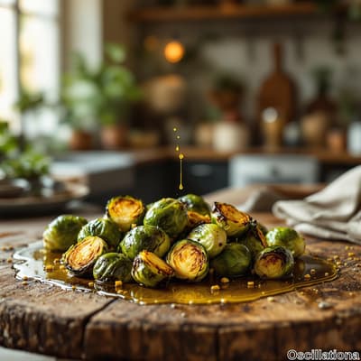 A rustic wooden table holds a vibrant heap of roasted brussels sprouts, showcasing shades of green and golden-brown charring.