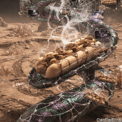 A large hot dog adorned with chili, cheese, and toppings sits on a futuristic, iridescent conveyor belt resembling organic tentacles in shades of purple, green, and blue