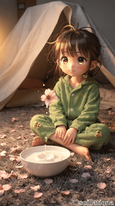 Chibi anime girl with messy brown hair, sparkling eyes, and rosy cheeks in green hooded corn-embroidered onesie sits barefoot cross-legged in cozy tipi tent on pink petal-strewn gray carpet, splashing milk from bowl