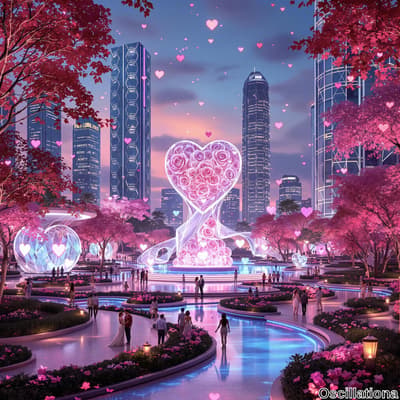 A romantic park scene at twilight with cherry blossoms and couples strolling on elegant paths, surrounded by vibrant flower beds.