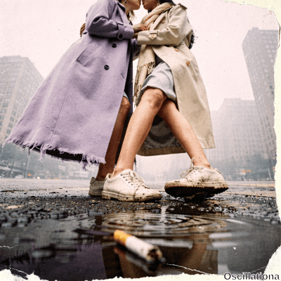 Two women passionately kiss embracing ankle-deep in reflective puddle with cigarette butt on wet foggy urban street. Left in frayed lavender coat, black hair; right in beige trench coat, cream scarf, blue skirt, wavy hair; both