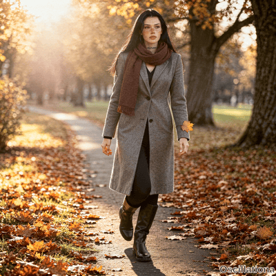 A young woman with long wavy dark hair and freckles walks toward the viewer on a path covered in vibrant autumn leaves at golden hour with lens flare. 
The serene park features warm light, long shadows and rich fall foliage.