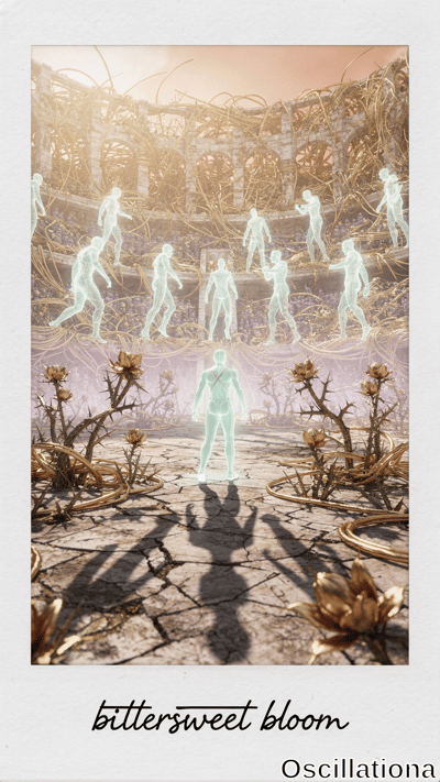 Surreal ruined coliseum overgrown with golden thorny vines, purple blooms under sunset sky. Cyan-glowing nude figures hover on tiers; central muscular male (back, harness, semi-transparent) amid yellow roses, long dark