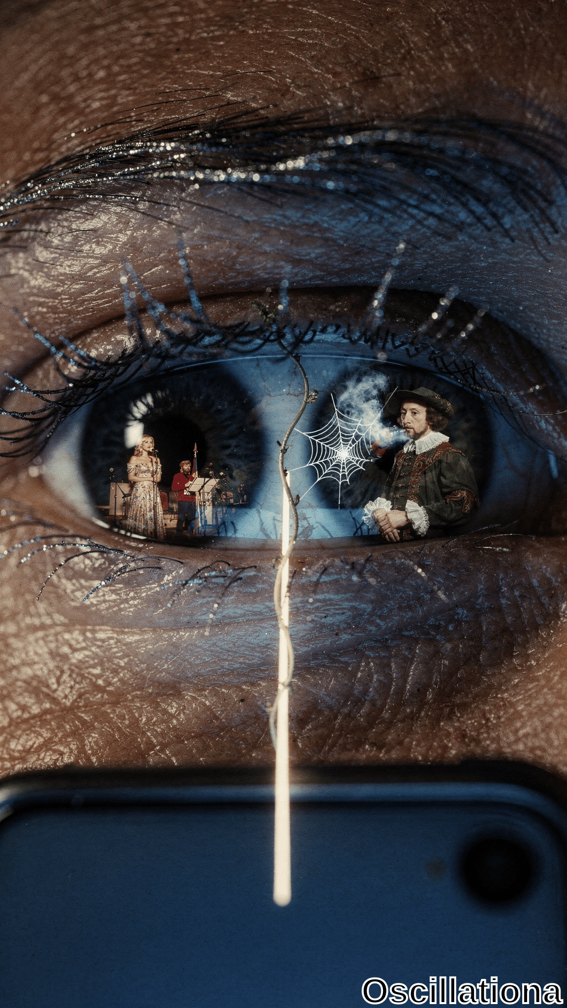 Close-up of tan-brown eye with wrinkled skin, dark brown iris reflecting surreal blue vignette: left, blonde singer in white gown on stage with violinist; right, Rembrandt-style man in green doublet smoking pipe. Sparkling lashes