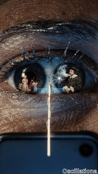 Close-up of tan-brown eye with wrinkled skin, dark brown iris reflecting surreal blue vignette: left, blonde singer in white gown on stage with violinist; right, Rembrandt-style man in green doublet smoking pipe. Sparkling lashes