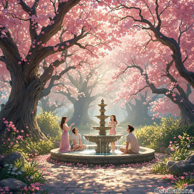 A serene garden scene with majestic trees adorned in pink blossoms, creating a fairy-tale ambiance.