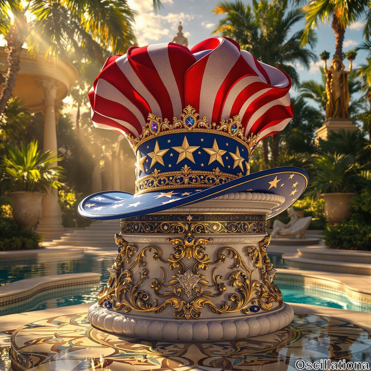 A large, elaborately designed hat styled like Uncle Sam's, with red and white stripes and a blue band with yellow stars, sits on a glossy, gold-decorated cylindrical pedestal.