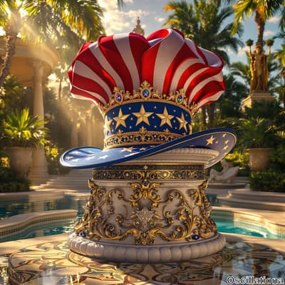 A large, elaborately designed hat styled like Uncle Sam's, with red and white stripes and a blue band with yellow stars, sits on a glossy, gold-decorated cylindrical pedestal.