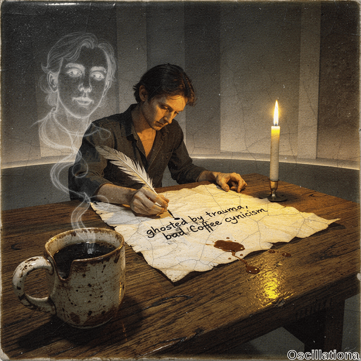 In dimly lit sepia style with vignette, brooding man hunches writing on parchment 'ghosted by trauma, cynicism, bad coffee' amid coffee stains; candle glows, mug steams, spectral ghost fades behind cracked gray