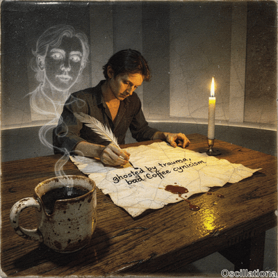 In dimly lit sepia style with vignette, brooding man hunches writing on parchment 'ghosted by trauma, cynicism, bad coffee' amid coffee stains; candle glows, mug steams, spectral ghost fades behind cracked gray