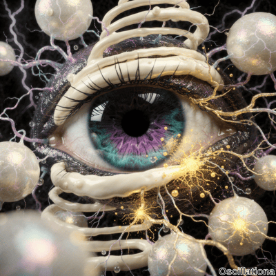 A surreal digital artwork featuring a close-up of a human eye with a vibrant iris in shades of blue, green, and purple