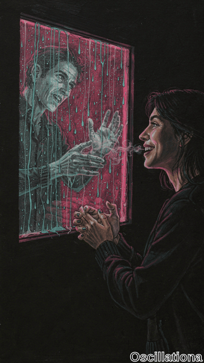Surreal neon-lit artwork on black background: tall pink-red window frame pours cyan-teal rain. Inside, gaunt zombie-like man in drenched suit presses skeletal hands to glass, anguished. Outside, smiling woman with bobbed