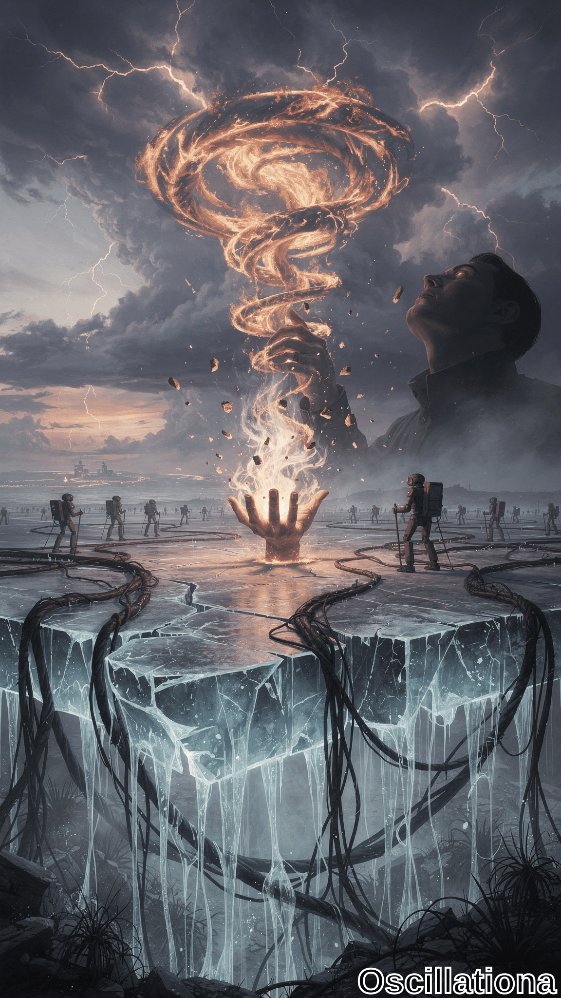 A large, glowing hand emerges from a cracked, icy surface, reaching towards a spiraling vortex of fiery energy in the sky