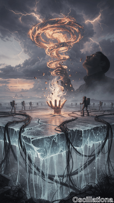 A large, glowing hand emerges from a cracked, icy surface, reaching towards a spiraling vortex of fiery energy in the sky