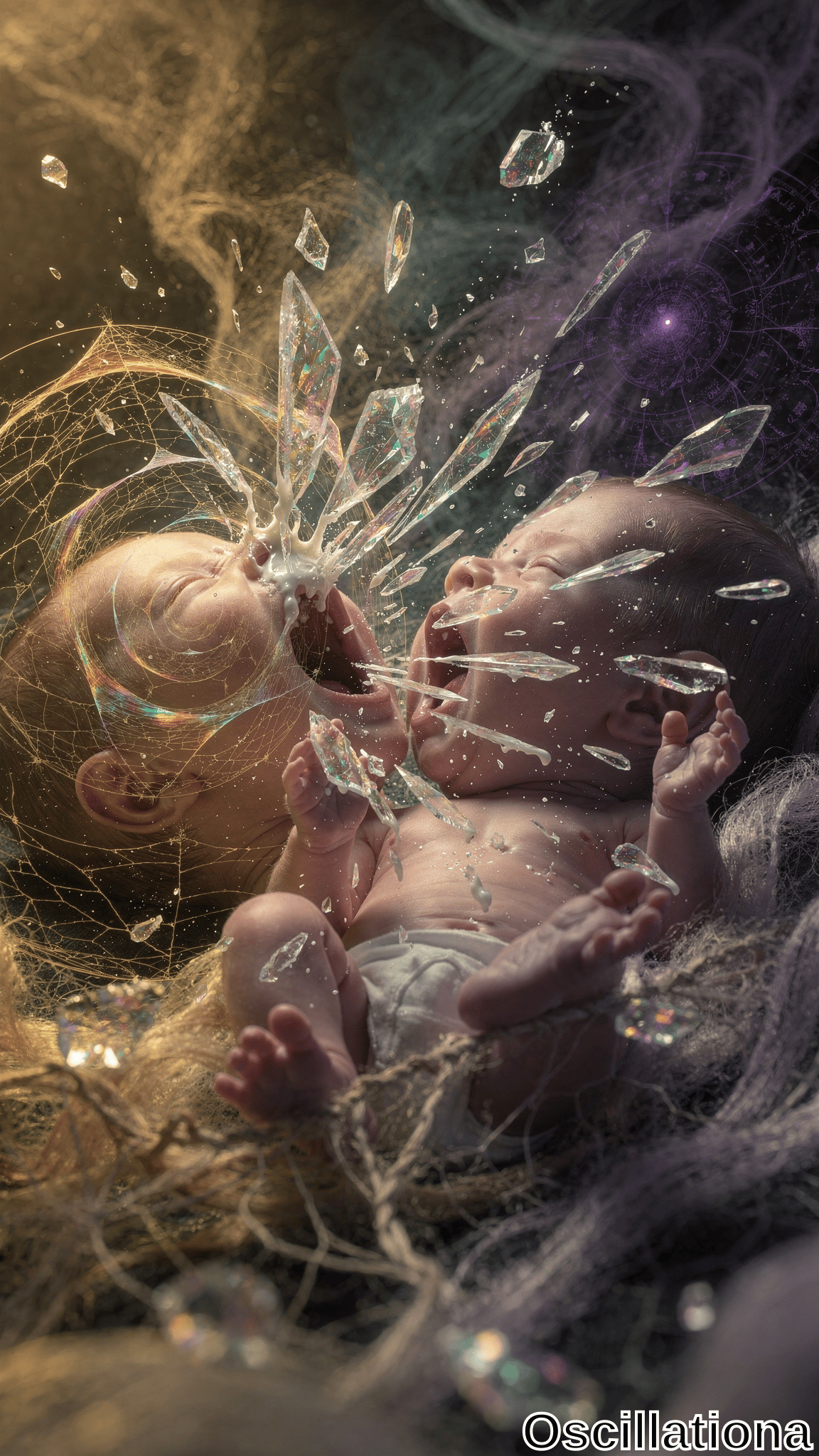 Two distressed babies in a surreal, dreamlike setting; one on the left, one on the right, mouths open wide