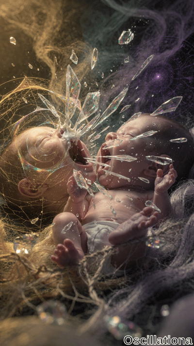 Two distressed babies in a surreal, dreamlike setting; one on the left, one on the right, mouths open wide