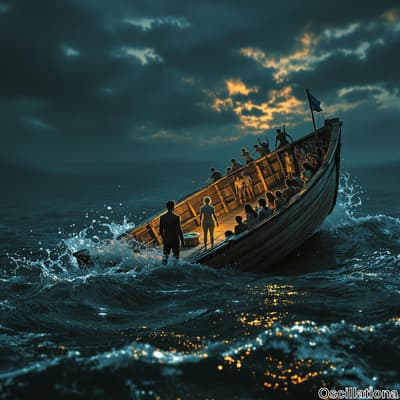 A large wooden boat with a high bow and flag tilts in turbulent waters at night, crowded with silhouetted figures; some stand at the bow facing the viewer, others at the stern raise their hands.