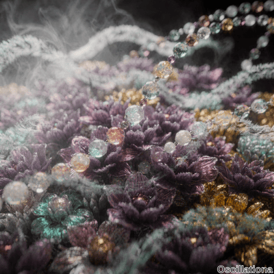 A surreal, dreamlike scene with intricate metallic flowers in purple and gold, surrounded by glossy beads in white, light blue, gold, and pink