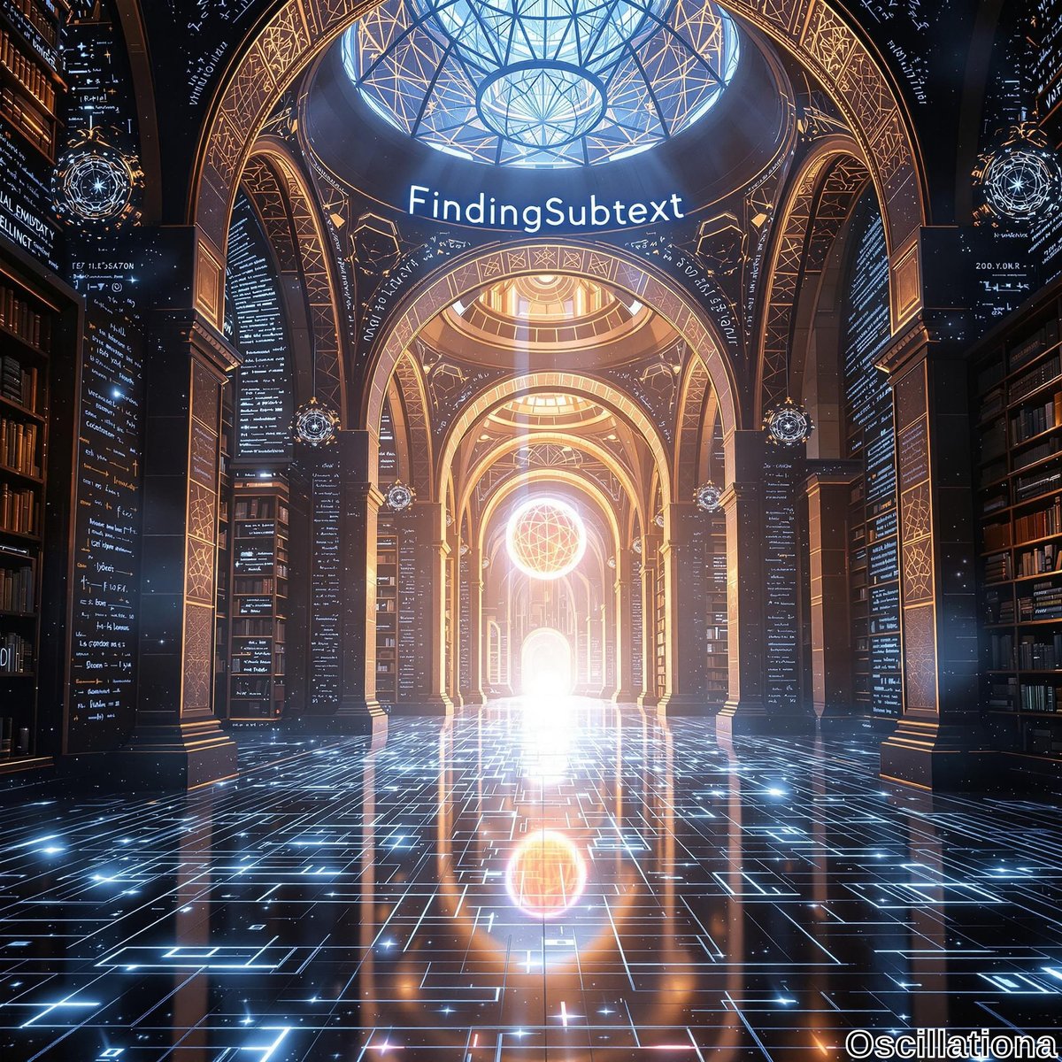 A grand, futuristic library with high, ornate arches adorned with intricate golden designs and a central dome featuring a geometric pattern that filters light.