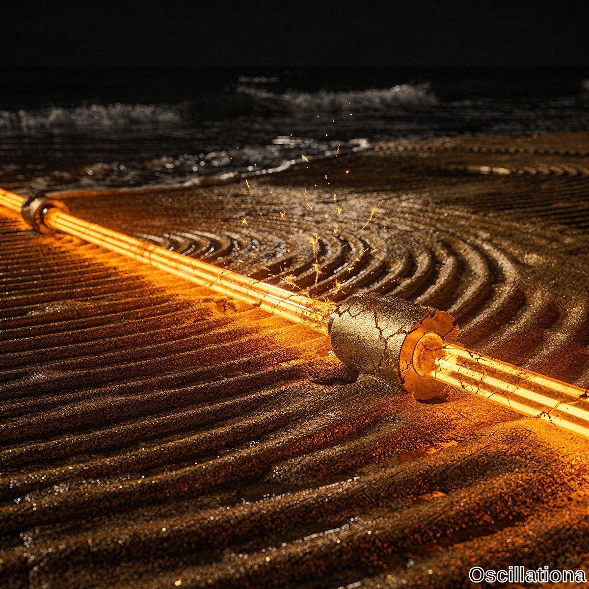 Cinematic nighttime beach scene with neon light tube glowing orange-gold diagonally on raked sand emitting sparks contrasting dark ocean and black sky.
.
