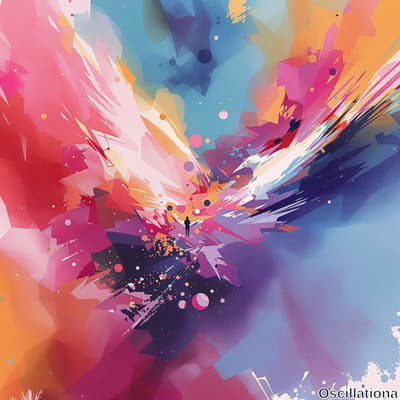 A vibrant abstract digital artwork with a central dark silhouette of a person standing amidst an explosion of bright colors including pinks, reds, oranges, blues, purples, and yellows