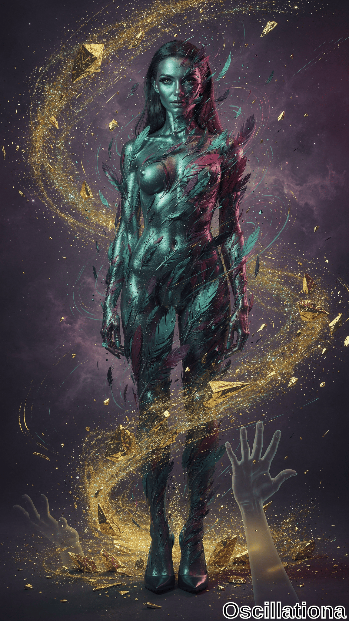 A surreal woman with metallic green-blue skin patterned like feathers or leaves stands confidently in high-heeled boots
