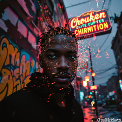 A young man with braided hair and a serious expression stands against a graffiti wall of blues and oranges.