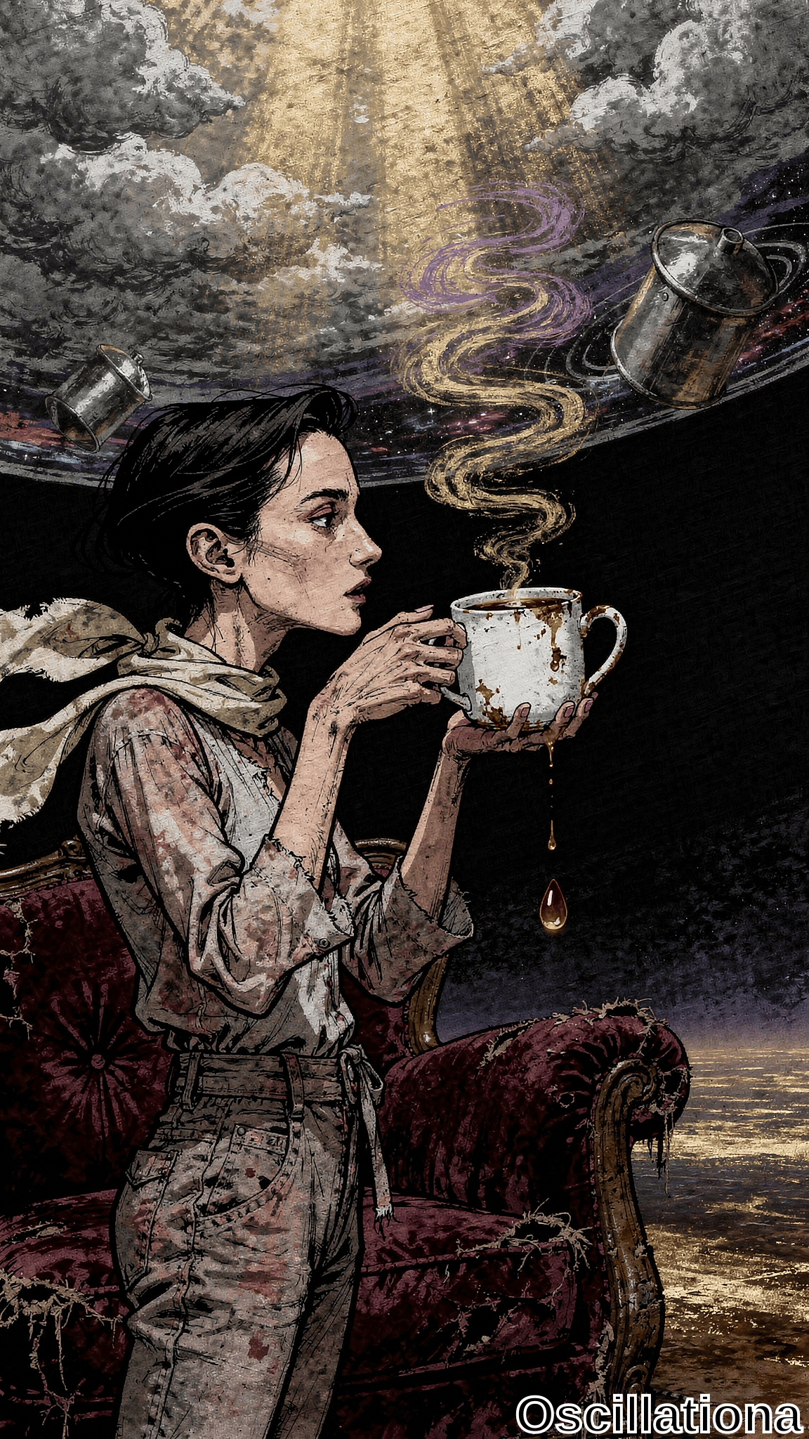 Surreal gritty ink-wash portrait: pensive woman with pale skin, short black hair in frayed beige outfit sits sideways on tattered red velvet chair sipping steaming chipped cup, droplets dripping; cosmic void, golden sunbe