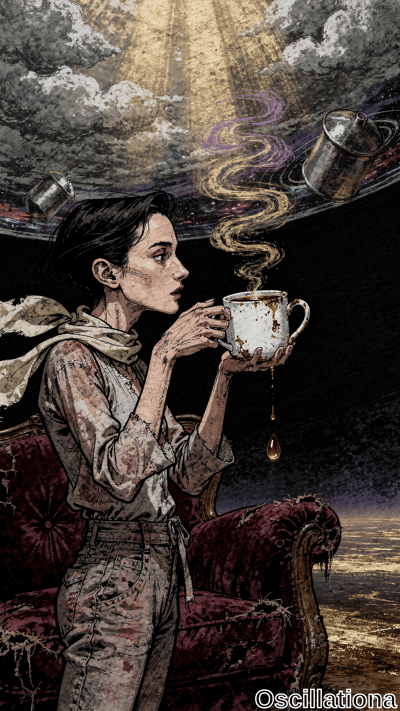 Surreal gritty ink-wash portrait: pensive woman with pale skin, short black hair in frayed beige outfit sits sideways on tattered red velvet chair sipping steaming chipped cup, droplets dripping; cosmic void, golden sunbe