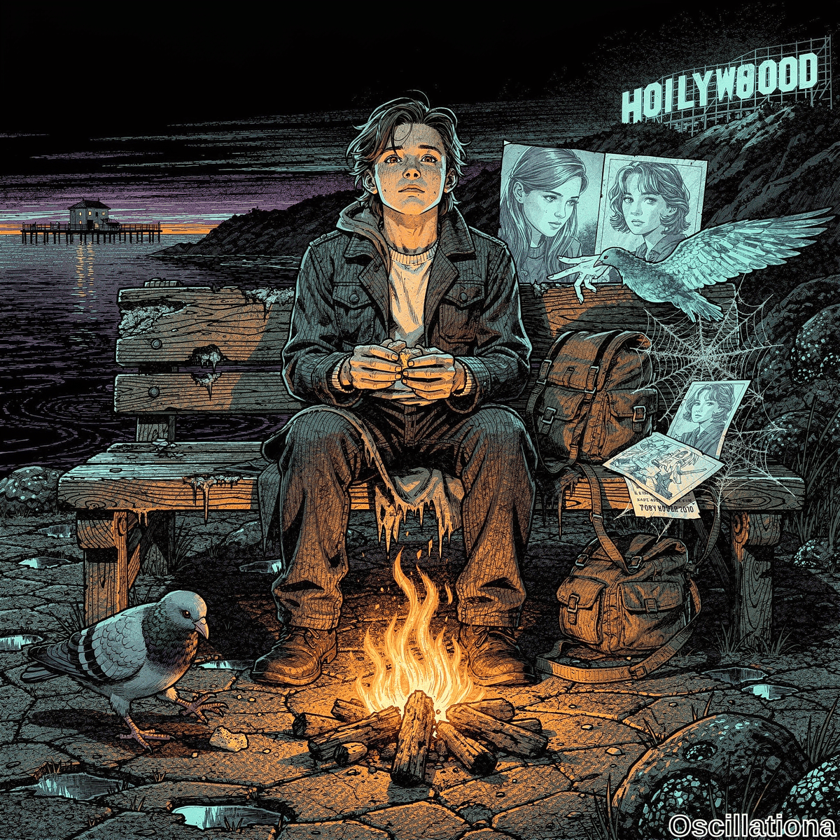 Moody noir-style dusk illustration on rocky ocean cliff: brooding young man in denim jacket, white shirt, baggy pants sits pensively on bench holding small object near crackling campfire, pigeon, tan backpack with spiderweb-