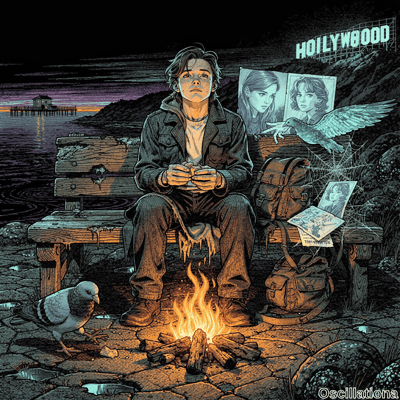 Moody noir-style dusk illustration on rocky ocean cliff: brooding young man in denim jacket, white shirt, baggy pants sits pensively on bench holding small object near crackling campfire, pigeon, tan backpack with spiderweb-