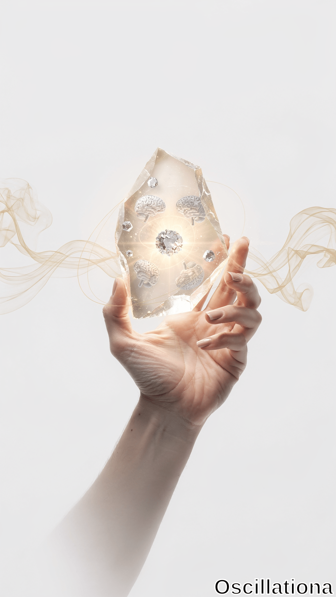 A hand delicately holds a translucent, glowing light beige crystal with a smooth, polished surface