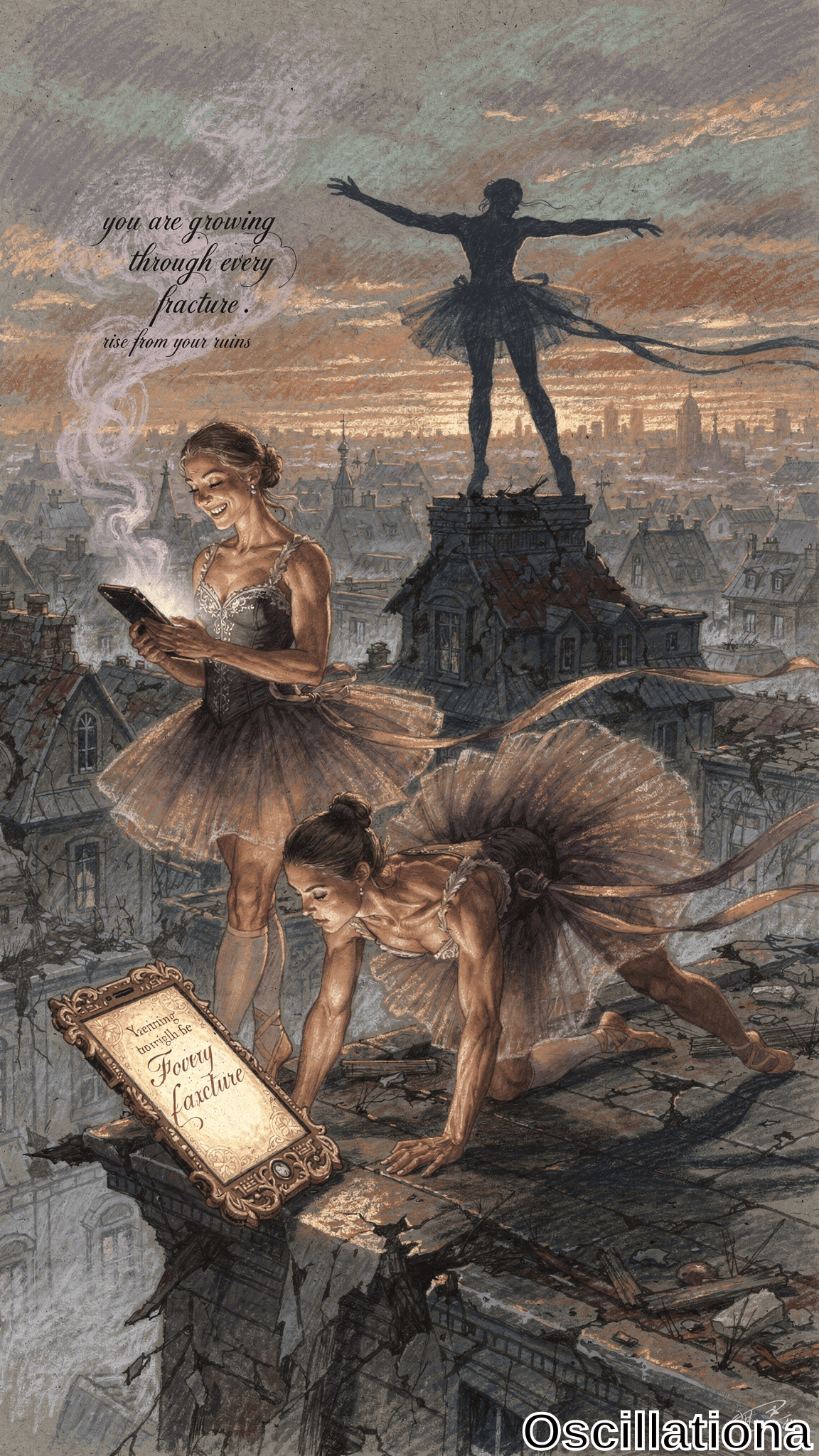 Surreal watercolor-gouache of two ballerinas on crumbling Gothic rooftop at twilight: ecstatic woman holds glowing purple tablet, muscular one crouches amid debris; ornate "Yearning Posture Fracture" parchment, misty sky text "
