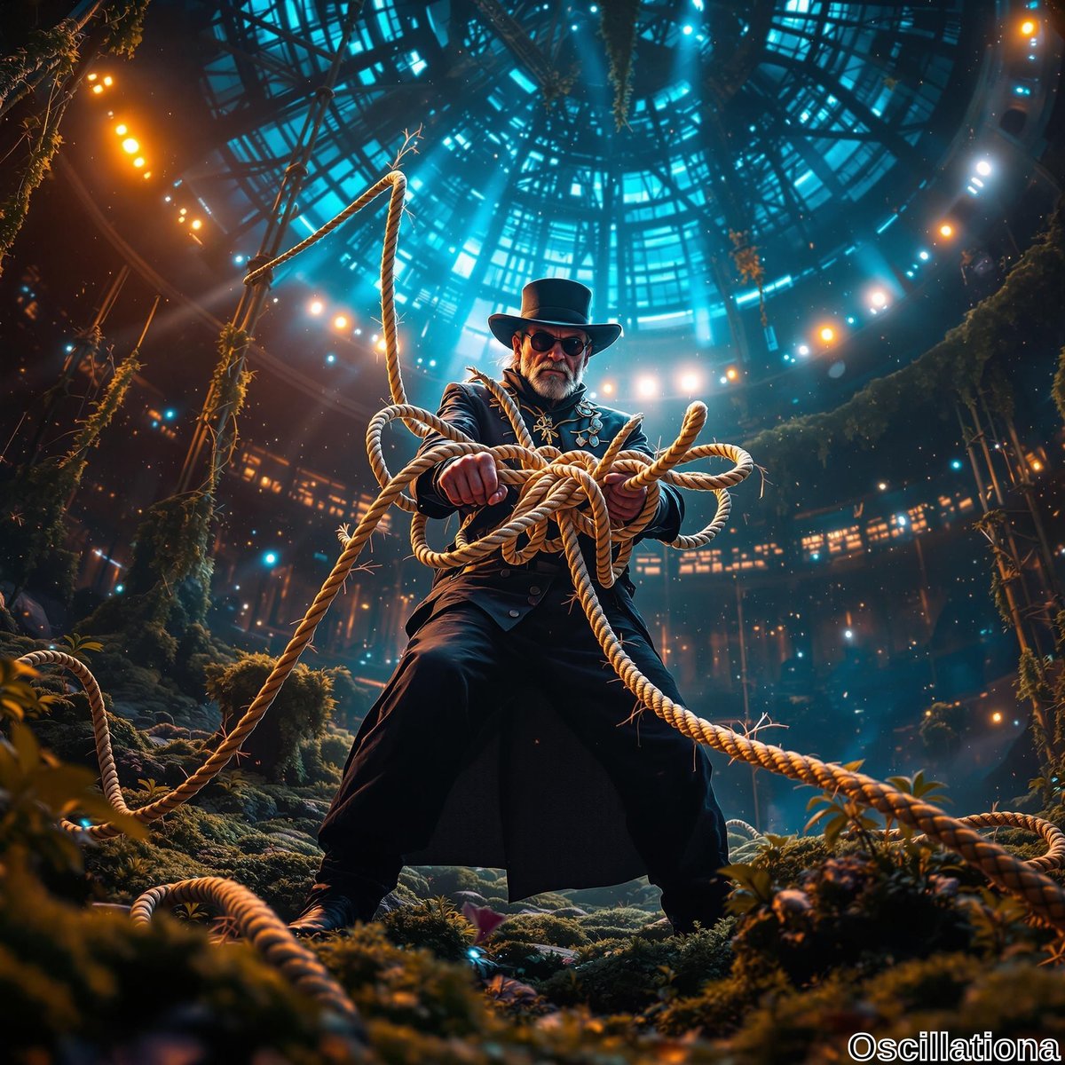 A man in a black steampunk outfit, including a long coat and top hat, stands in a futuristic dome with a grid-patterned ceiling lit by blue light.