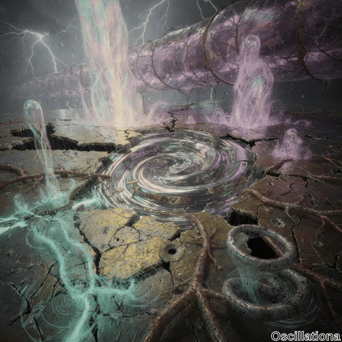 A surreal scene with a central iridescent vortex emitting vibrant colors, set against cracked, earthy ground in a desolate landscape