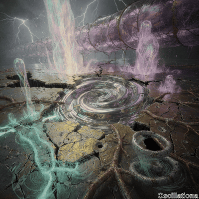 A surreal scene with a central iridescent vortex emitting vibrant colors, set against cracked, earthy ground in a desolate landscape