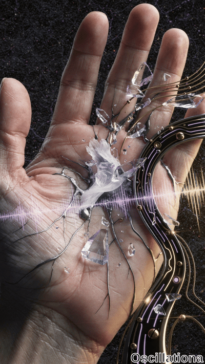 A close-up of a human hand with realistic lines and creases, embedded with translucent crystalline shards resembling shattered glass
