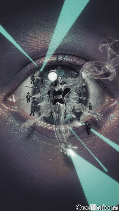 A translucent woman floats and dances inside a giant textured eye, surrounded by shadowy figures and swirling smoke, pierced by bright cyan light beams in a dark mysterious atmosphere.
