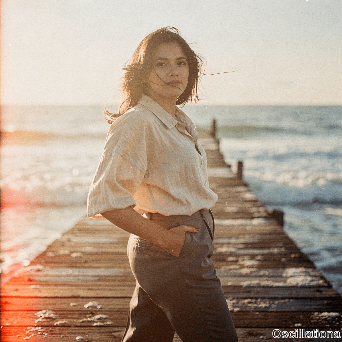 A young woman with windswept dark hair on weathered pier looks back at golden hour in shirt and trousers with hand in pocket amid lens flare and waves in cinematic glowing light. 
.
