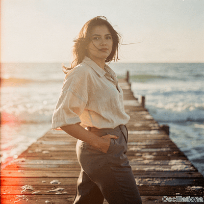 A young woman with windswept dark hair on weathered pier looks back at golden hour in shirt and trousers with hand in pocket amid lens flare and waves in cinematic glowing light. 
.