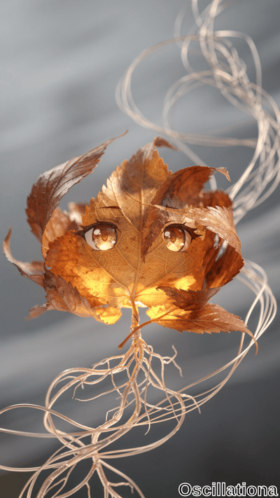 Cute anime-style anthropomorphic autumn maple leaf character in vibrant oranges, golds, browns, reds with intricate veins, glowing highlights, large glossy brown eyes, thick black lashes, and swirling white vine tendrils on soft