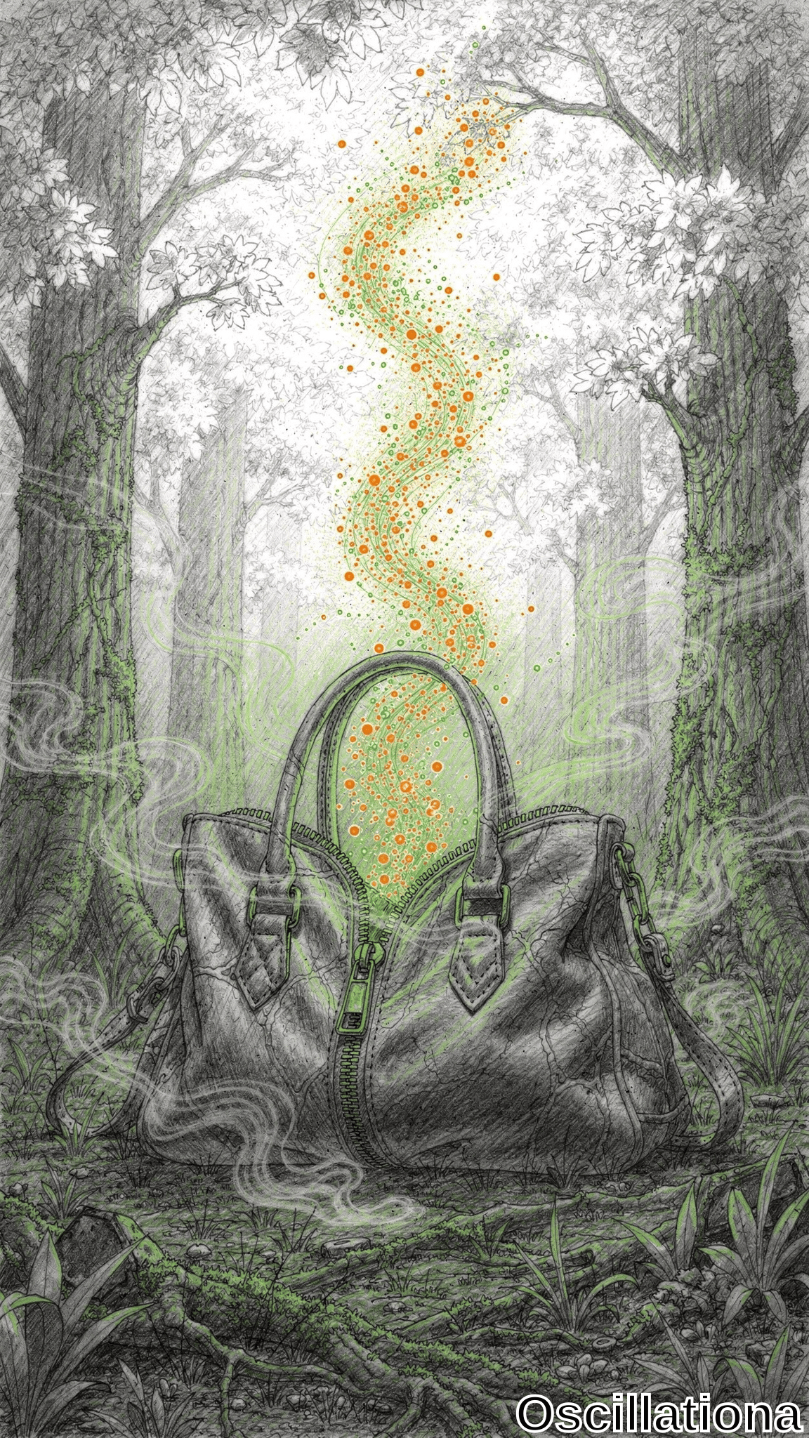 Intricate pencil-sketch of a mystical foggy forest with tall slender gray birch trees, mossy floor, roots, and ferns; centered dark gray leather handbag with gold chains unzipped, emitting swirling orange-lime green sparkling particle