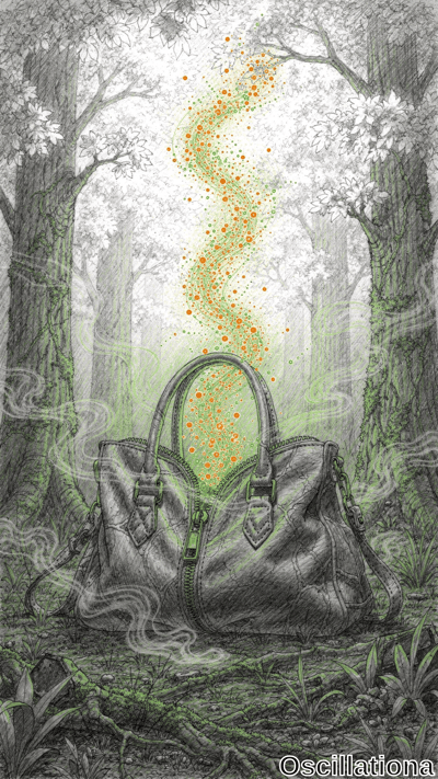 Intricate pencil-sketch of a mystical foggy forest with tall slender gray birch trees, mossy floor, roots, and ferns; centered dark gray leather handbag with gold chains unzipped, emitting swirling orange-lime green sparkling particle