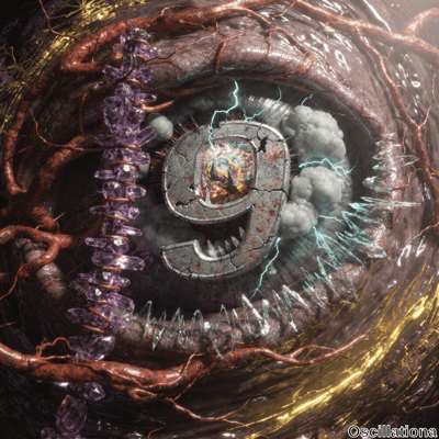 A surreal digital artwork featuring a cracked stone number "9" with a vibrant, swirling multicolored core emitting light and energy