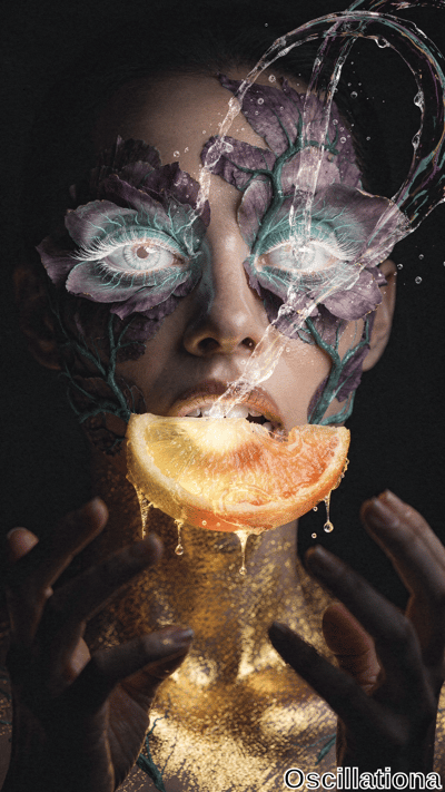 A surreal portrait of a person with a face adorned by intricate leaf-like patterns in purple and green, featuring exaggerated, elongated eyelashes and otherworldly eyes